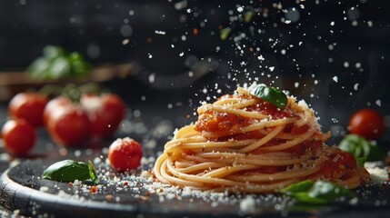 Delicious Spaghetti with Tomato Sauce and Parmesan Cheese on Dark Background for Food Design
