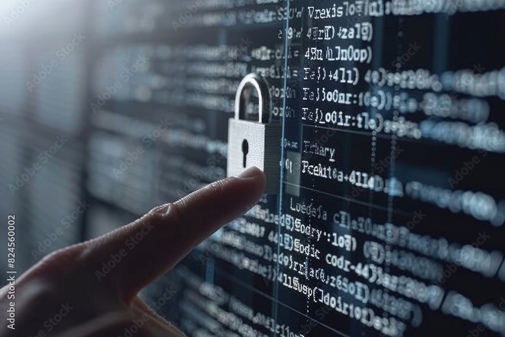 Poster advanced digital lock with hand interaction, glowing circuit background, concept of data protection 