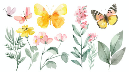 Watercolor wildflowers butterflies and leaves Four