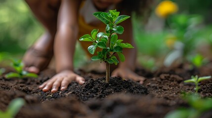 Environmental conservation concept, A child planting a tree in a park, symbolizing future generations taking action to protect the environment. Realistic Photo,