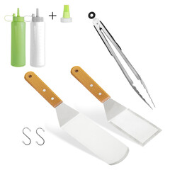 Barbecue and grill spatula bottle hook tongs tools set on White Background