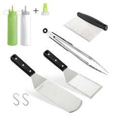 Barbecue and grill spatula bottle hook tongs tools set on White Background