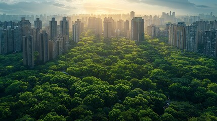 Environmental conservation concept, A cityscape with abundant green spaces, showcasing urban planning efforts to incorporate nature. Realistic Photo,
