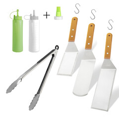 Barbecue and grill spatula bottle hook tongs tools set on White Background
