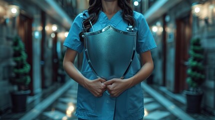 A picture of a nurse holding a protective shield, symbolizing health care. photo