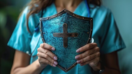 A picture of a nurse holding a protective shield, symbolizing health care. stock image