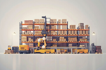 Obraz premium Automated Robot Carriers And Robotic Arm In Modern Distribution Warehouse 