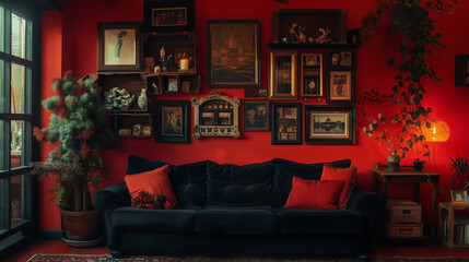 A black sofa with a red wall backdrop, where a series of shadow boxes display cherished mementos. 