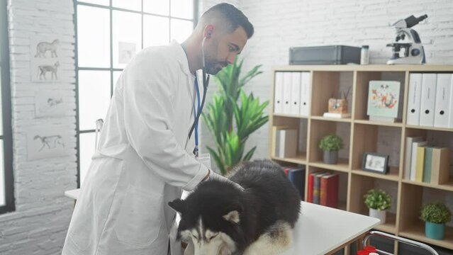 A hispanic veterinarian examines a husky in a well-equipped veterinary clinic, under bright indoor lighting.