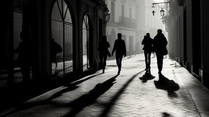 Blurry shadow silhouette of  people walking on pedestrian street in black and white