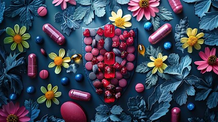 An abstract illustration of a shield with vitamins, symbolizing nutritional protection. image
