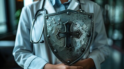 An image of a doctor with a shield and stethoscope, representing medical protection. image