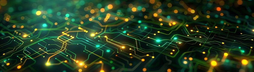 Obraz premium Close-up of a colorful electronic circuit board with glowing elements, showcasing interconnecting pathways and intricate digital patterns.