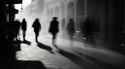 Blurry shadow silhouette of  people walking on pedestrian street in black and white