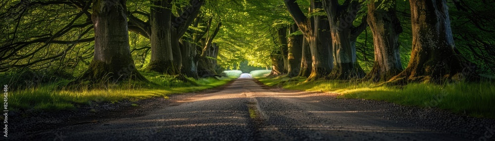 Aufkleber enchanting tree-lined road with sunlight filtering through the canopy, creating a serene and picture