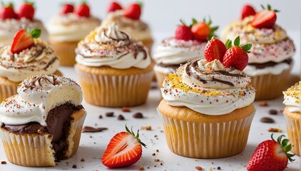 Colorful Cupcakes with Strawberry Garnish and Chocolate Drizzle