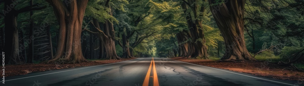 Poster a tranquil road through a dense, lush forest with towering trees on either side and sunlight filteri