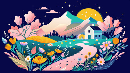 Enchanting Floral Mountain Landscape with Cozy Cottage at Night. Vector illustration of Hush Vacation