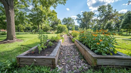 Environmental conservation concept, A community garden in an urban area, showcasing efforts to grow local, organic food and reduce carbon footprints. Realistic Photo,