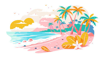 Tropical Beach Paradise Illustration with Vibrant Sunset. Vector illustration of Hush Vacation