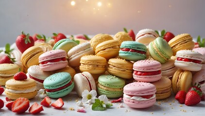 Colorful French Macarons with Strawberry Garnish