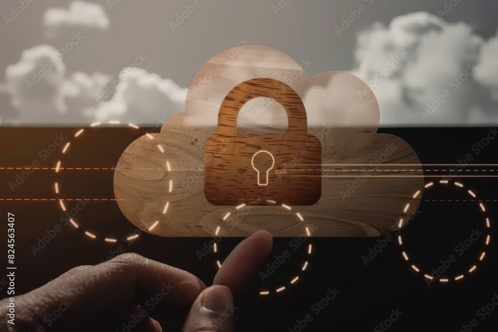 Poster cloud with padlock and finger touch represents digital security and data access control