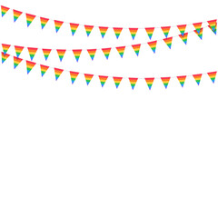 Rainbow bunting flags isolated on white background. Concept of LGBT celebration, pride month.