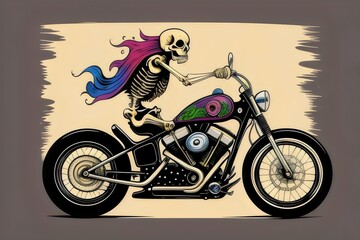 a cartoon illustration of evil devil skeleton , gang logo, riding a chopper motorcycle,  t-shirt vector art, Biker, Demon, Rider, Fierce, Menacing, Dark, Bold, Aggressive, Wicked, Flames, Skull