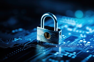 A silver padlock secure placed on a computer board with bluish blurry background. Encrypted computer. Cyber security. Encryption. Data recovery. Locked PC. Hacker. Operating system. Password