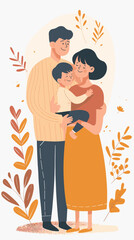 Father and Mother Care for Son, Parents Engaged in Upbringing and Development of Baby, Boy Sits on Big Flower as Dad Waters Plant, Family Relationship and Bonds Vector Illustration