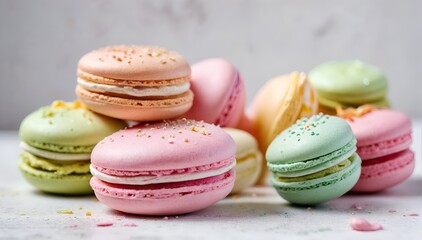 Obraz premium Delectable Macarons in an Assortment of Flavors, Garnished with Sprinkles and Dusted with Powdered Sugar
