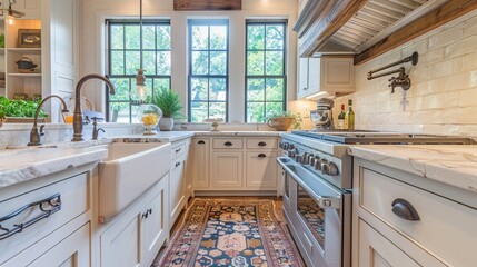 Fototapeta premium Vintage kitchen with a deep farmhouse sink, close-up of the apron front extending past the countertop edge, capturing a traditional design