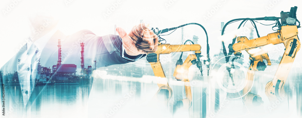 Poster mlb mechanized industry robot arm and factory worker double exposure. concept of robotics technology