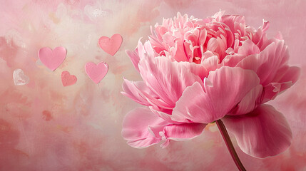 A stunning pink peony adorned with charming hearts