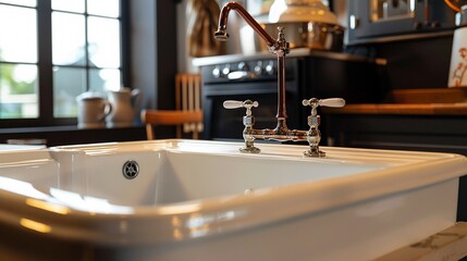 Vintage kitchen sink made of porcelain, close-up with isolated background, studio lighting highlighting its design and ease of cleaning for advertising