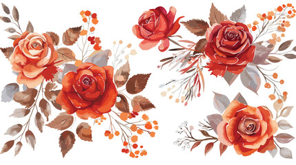 Watercolour Flower Bouquets Red Peach Roses Fall Arra