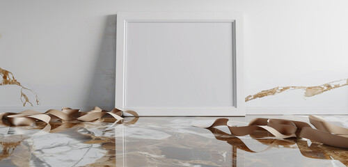 Ultra high definition 3D rendered empty room with a white picture frame, khaki ribbons, and a glossy marble floor. Mockup.