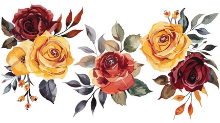 Watercolour Flowers Bouquets Maroon Yellow Roses Fall