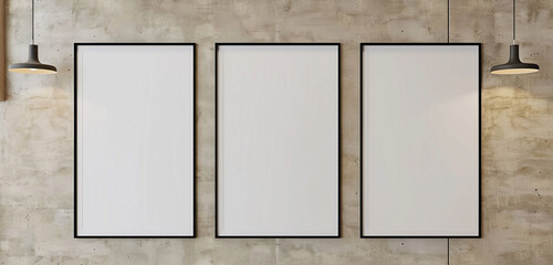 Three vertical frames mockup hanging on office wall, sand beige walls, modern concrete company interior, 3D rendering,