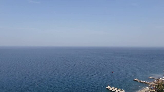 Calm blue sea in Turkish Belek, view from the top 4K quality 