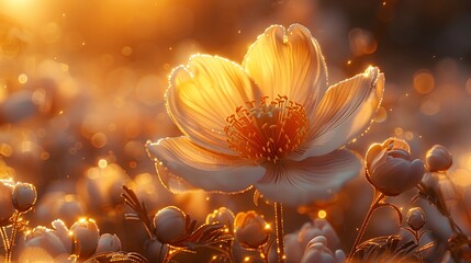 A solitary bloom basks in the golden light of dawn, its intricate details bathed in a soft, ethereal glow.