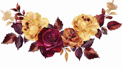 Watercolour Flowers Wreath Maroon Yellow Roses Fall