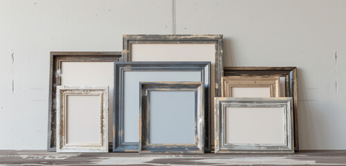Gallery arrangement showcasing a series of epoxy resin finished frame mockups, each displaying contemporary artistic flair.