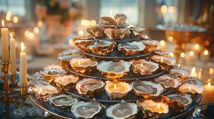 Naklejka premium A tower of freshly shucked oysters glistens in the soft candlelight, their briny aroma wafting through the air.
