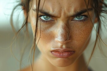 Close up portrait of a woman with green eyes and freckles looking angry