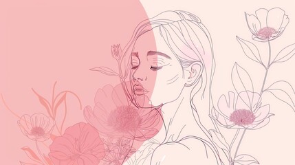 The figure of a woman with floral pink pastel feminine line art