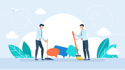 People sweep up thoughts and throw them in the trash. A speech bubble in a waste bin, a censorship concept. Mind cleaning. Mental problems treatment metaphor. Flat illustration