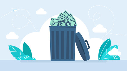 Inflation. Large dustbin overflowing money bill. Trash full of the dollar. Inflation concept. Trash can of with discarded money. Garbage can. Collapse of the dollar. Flat illustration