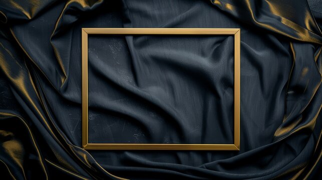 The background is dark fabric textured with a gold rectangle frame
