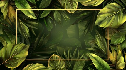 Background modern of a rectangle with gold frame and foliage pattern